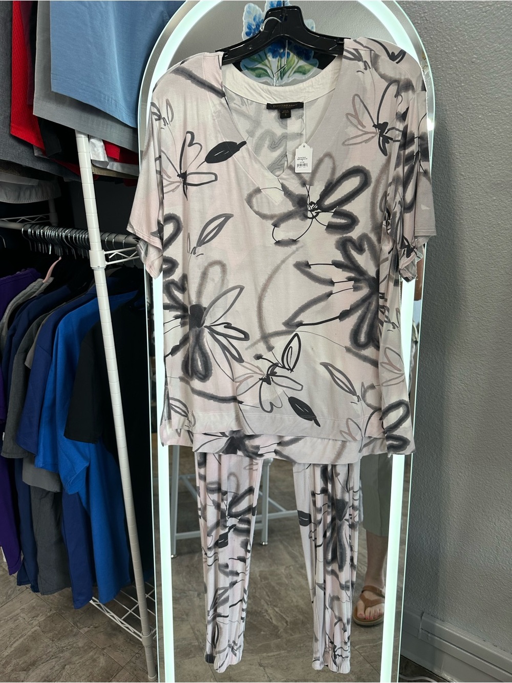 Donna Karan Pale Blush Floral Lounge Set with Black Sketch Print
